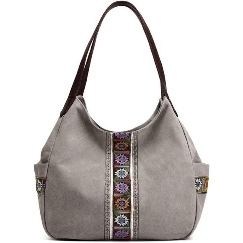 Women Canvas Hobo Purse Multi Pocket Tote Shopper Shoulder Bag Casual Top Handle